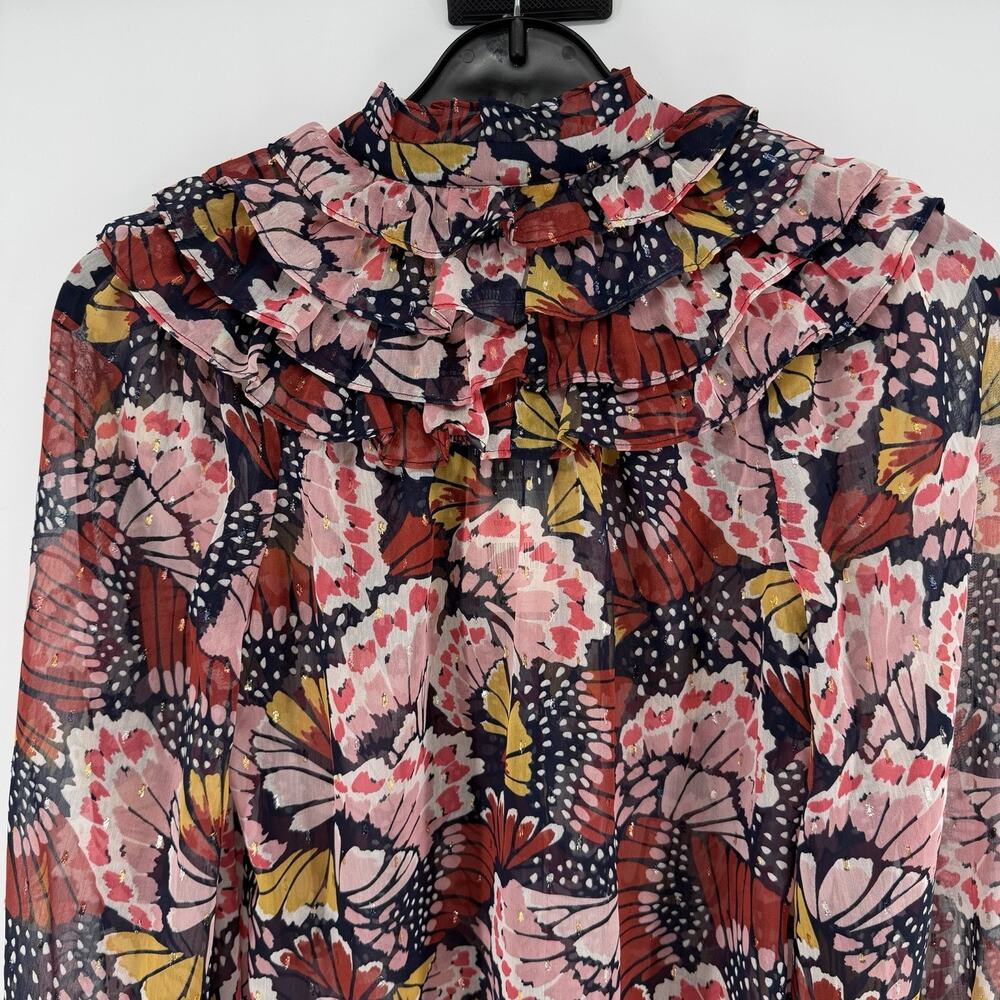 NEW BODEN Butterfly Ruffle Neck Shirt Multicolor Sheer Blouse Ruffled Cuffs US-2 - Picture 8 of 12
